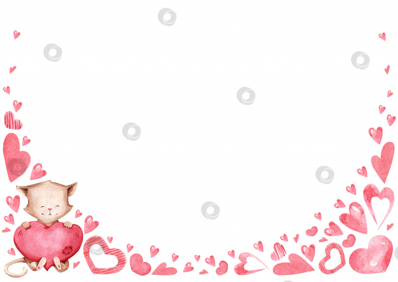Скачать Праздничная рамка ко дню святого Валентина с кошкой и розовыми сердечками в акварельном стиле. Подходит для приглашений, постеров, открыток, афиш. фотосток Ozero