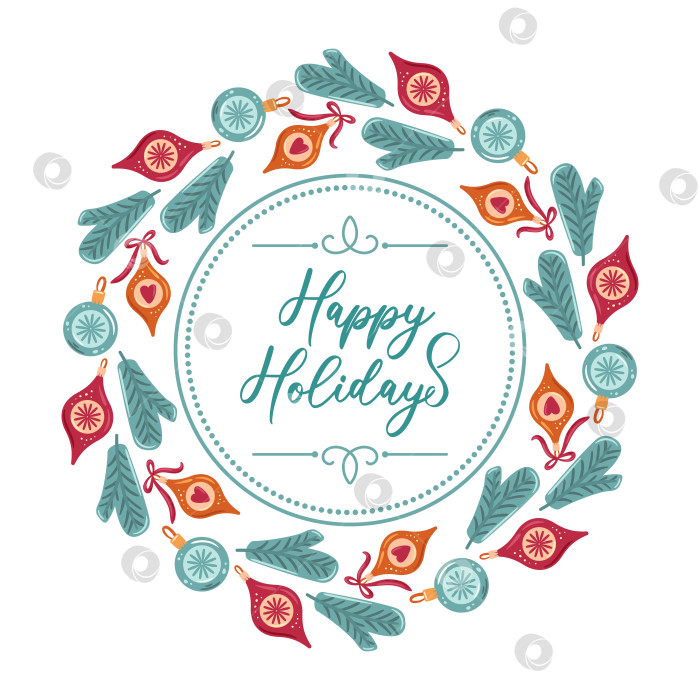 Скачать Круглая рамка, образованная украшающим рождественскую елку венком, создает праздничную рамку, идеально подходящую для векторной иллюстрации. счастливых праздников. фотосток Ozero