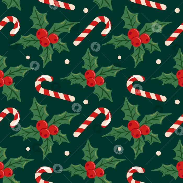 Скачать Бесшовный узор с остролистом и леденцовыми тросточками, векторная иллюстрация. фотосток Ozero