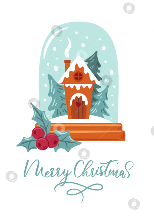 Скачать векторная иллюстрация снежного шара с изображением пряничного домика, веточек остролиста и праздничной рождественской поздравительной открытки. фотосток Ozero