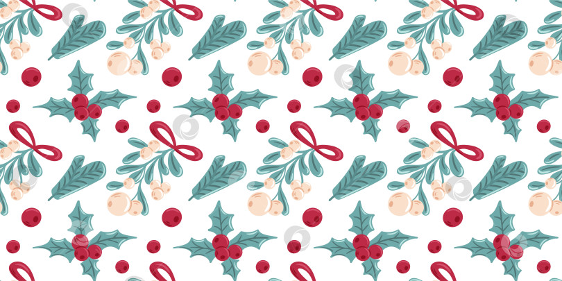 Скачать Бесшовный узор из веток омелы, остролиста и ели. Он идеально подходит для векторной иллюстрации благодаря светло-зеленым контурам, четким линиям и минималистичному стилю. фотосток Ozero