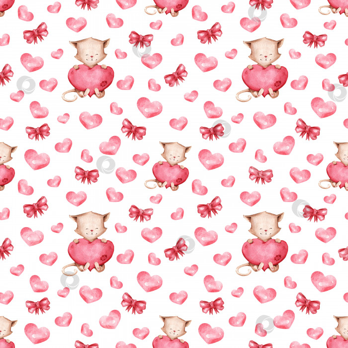 Скачать Акварельный узор с кошками и сердечками для детской одежды, одеял, простыней и т.д. Милая детская иллюстрация фотосток Ozero