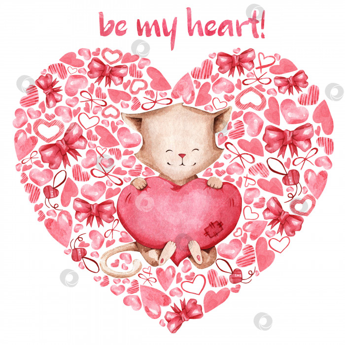 Скачать Акварельная иллюстрация в форме сердца с милой кошкой и розовыми сердечками ко дню святого Валентина. Подходит для открыток, приглашений, книг, конвертов, романтических подарков к празднику. фотосток Ozero