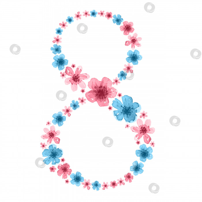 Скачать Весенняя иллюстрация числа 8 к женскому дню из розовых и голубых цветов. Международный женский день. Отлично подходит для открыток, поздравлений, приглашений, подарков, буклетов, брошюр и т.д фотосток Ozero