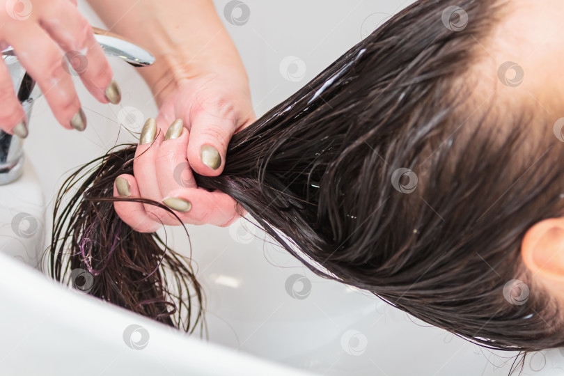 Скачать Парикмахер моет голову девушке с длинными волосами в раковине. фотосток Ozero