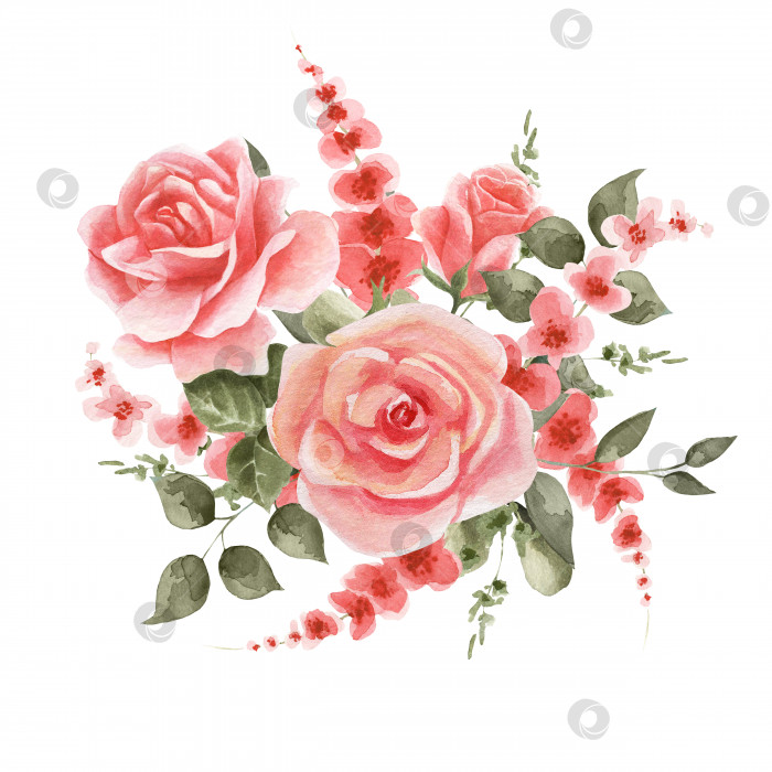 Скачать Весенняя цветочная композиция из роз, красных цветов и зеленых листьев. Подходит для открыток, оформления, декоров, дизайнов, принтов, приглашений и многого другого. фотосток Ozero