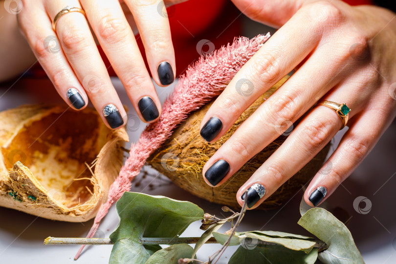 Скачать Красивый маникюр, черный лак с золотистым рисунком фотосток Ozero