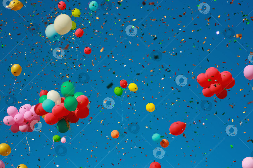 Скачать Разноцветные блестящие воздушные шары взмыли в голубое небо. фотосток Ozero