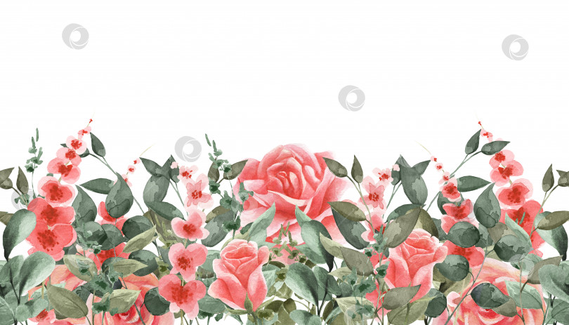 Скачать Весенний фон с розовыми розами, красными цветами и зелеными листьями. Акварельная иллюстрация. Подходит для открыток, баннеров, дизайнов и т.д. фотосток Ozero
