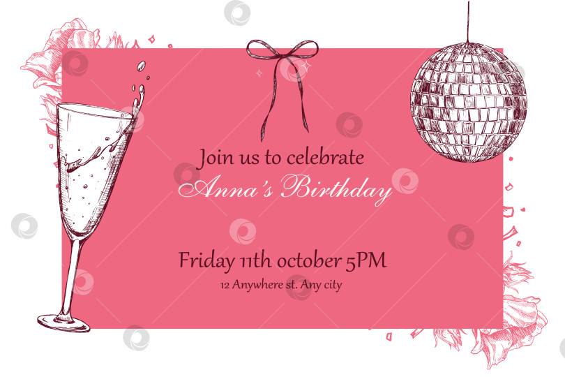 Скачать Стильный горизонтальный векторный шаблон приглашения на день рождения с текстовым полем и рамкой с нарисованными от руки иллюстрациями. Текст недоступен для редактирования. фотосток Ozero