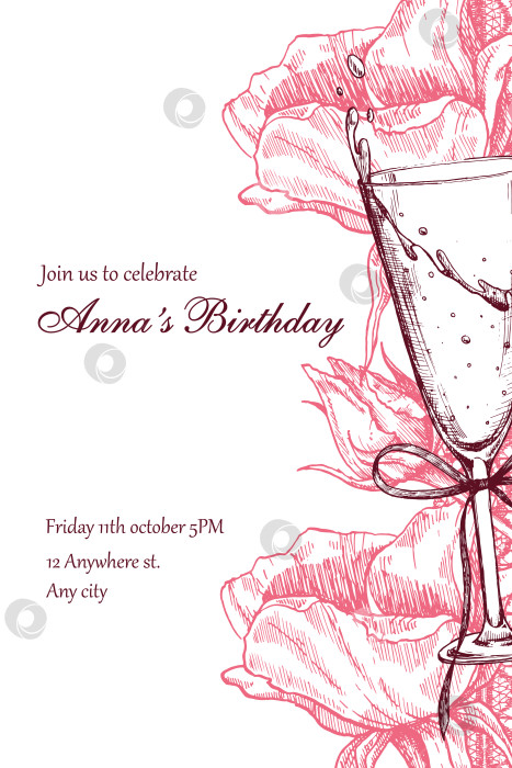 Скачать Стильный шаблон приглашения на день рождения в вертикальном векторном формате с текстовым полем и нарисованными от руки иллюстрациями в виде бокала вина и цветов. Текст не доступен для редактирования и приведен только для ознакомления. фотосток Ozero