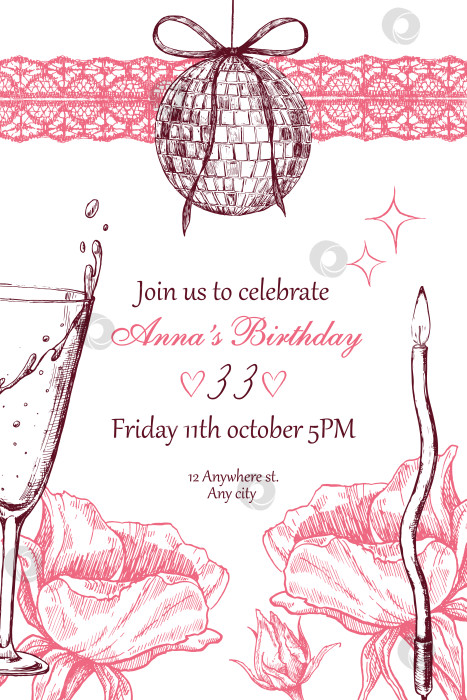 Скачать Стильный шаблон приглашения на день рождения в вертикальном векторном формате с текстовым полем и рисованными иллюстрациями. Текст не доступен для редактирования. фотосток Ozero