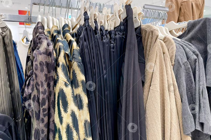 Скачать Тканевые платья, рубашки, брюки на вешалках в шкафах-купе в магазине shopping center mall фотосток Ozero