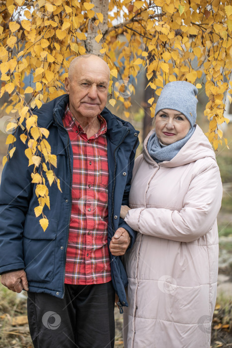 Скачать Деревенская пара пенсионеров позирует возле березы. фотосток Ozero