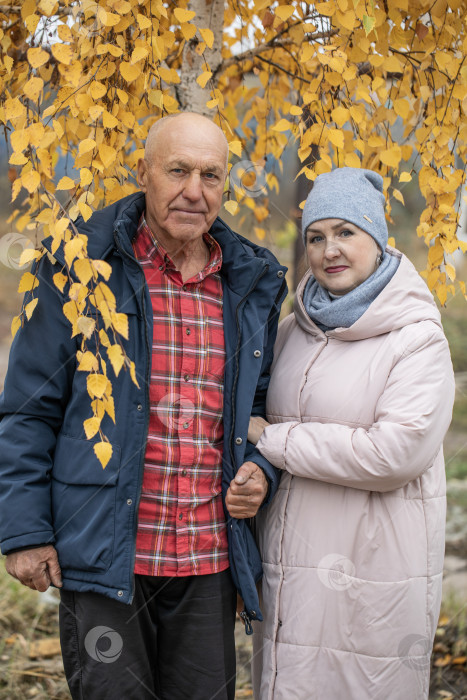 Скачать Деревенская пара пенсионеров позирует возле березы. фотосток Ozero