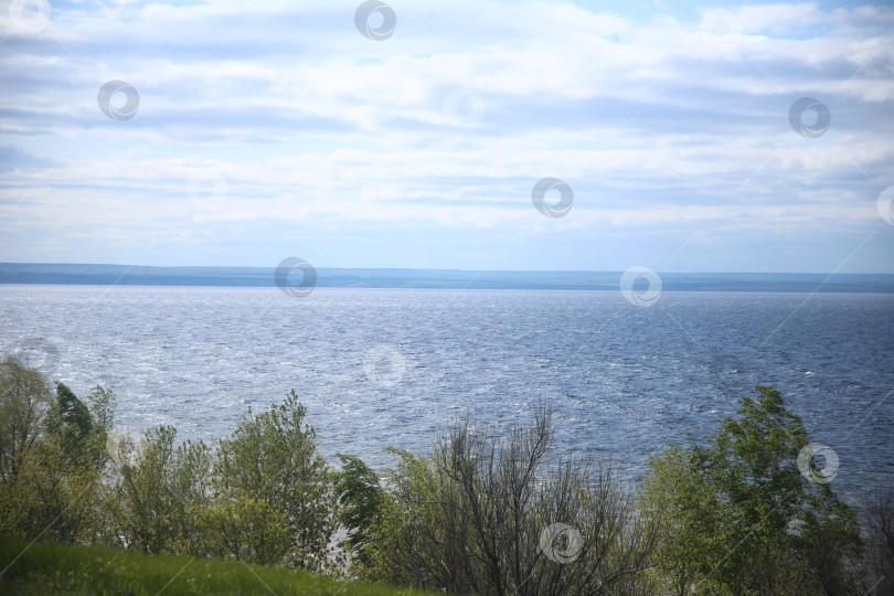 Скачать Пейзаж с деревьями, голубым небом, рекой и растительностью фотосток Ozero