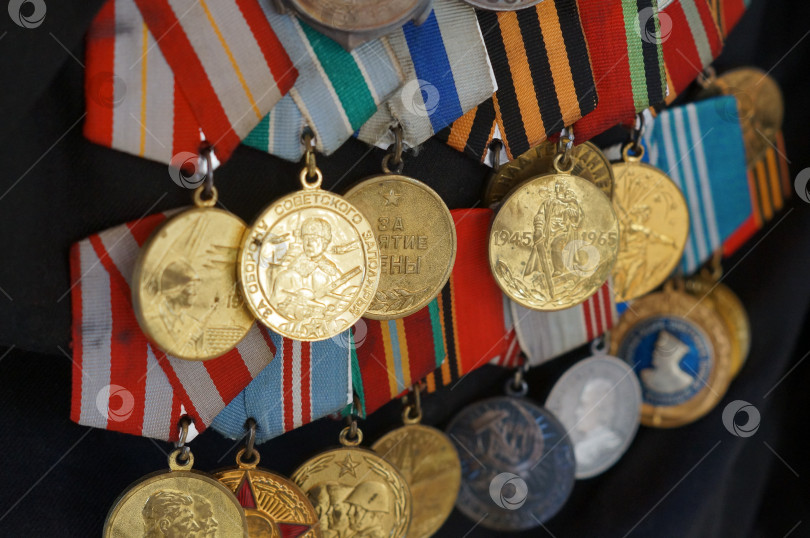 Скачать Саратов, Россия - 03 ноября 2025 года. Крупным планом много орденов и медалей СССР времён Великой Отечественной войны: за оборону Советского Заполярья, за взятие Вены и другие фотосток Ozero