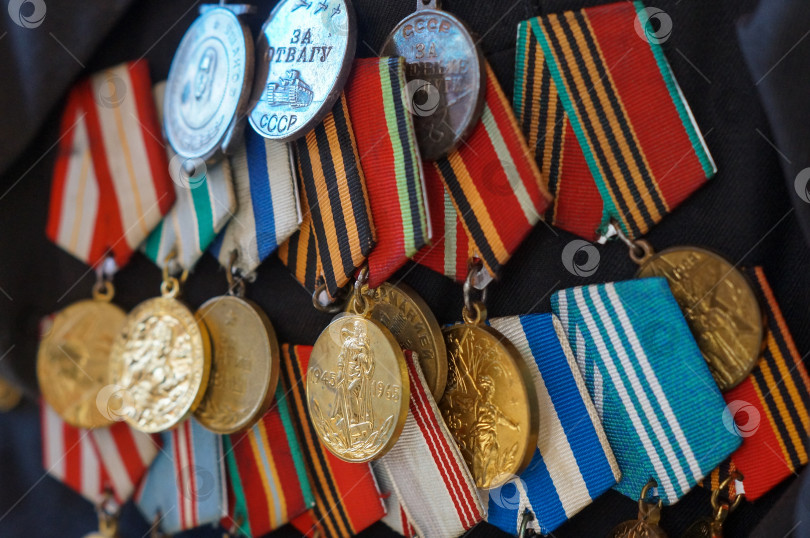 Скачать Саратов, Россия - 03 ноября 2025 года. Крупным планом много орденов и медалей СССР времён Великой Отечественной войны: за отвагу, за боевые заслуги, за взятие Вены и другие фотосток Ozero