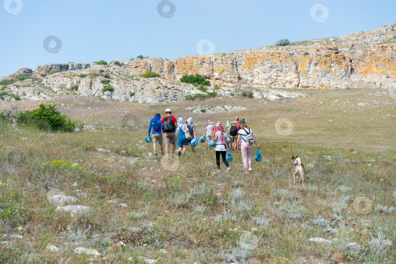 Скачать Группа людей гуляет в поле с собакой фотосток Ozero