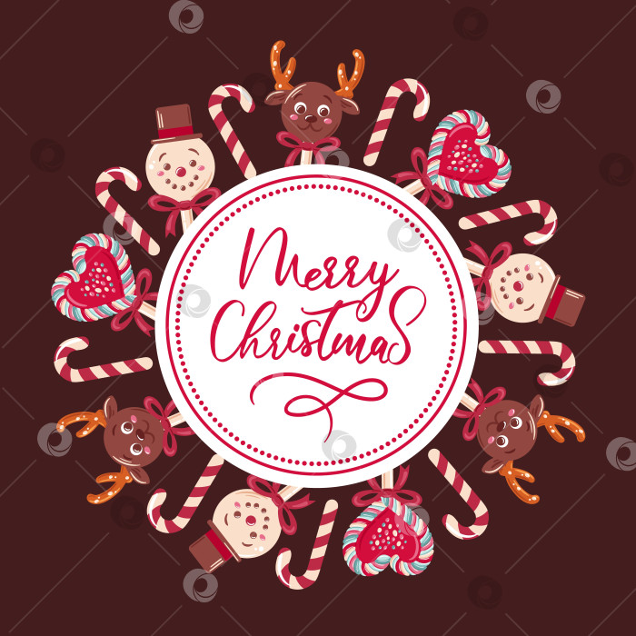 Скачать счастливого Рождества. Праздничная круглая рамка с изображением оленя, снеговика и леденцовых палочек создает причудливую праздничную обстановку. фотосток Ozero