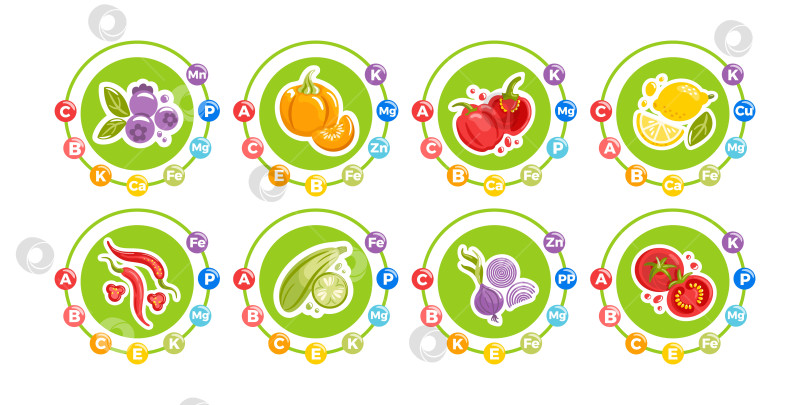 Скачать Векторная иллюстрация яркого фруктово-овощного набора с маркировкой основных витаминов и минералов, содержащихся в каждом продукте, подчеркивает свежесть и здоровое питание в чистом современном стиле. фотосток Ozero