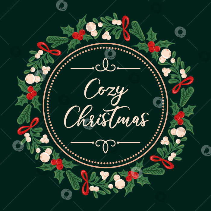Скачать Уютная рождественская сцена в круглой рамке, украшенной падубом, омелой и еловыми ветками, с теплыми, праздничными цветами и мягким освещением создает очаровательную векторную иллюстрацию. фотосток Ozero