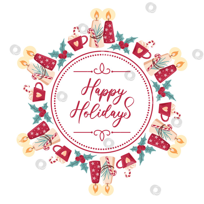 Скачать Радостные праздники в круглой рамке со свечами, кружками горячего шоколада в красных кружочках и акцентами из остролиста создают теплое сияние и праздничное настроение для очаровательной векторной иллюстрации. фотосток Ozero