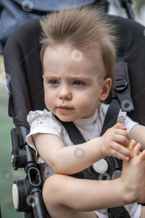 Скачать Портрет красивой маленькой девочки, сидящей в коляске фотосток Ozero