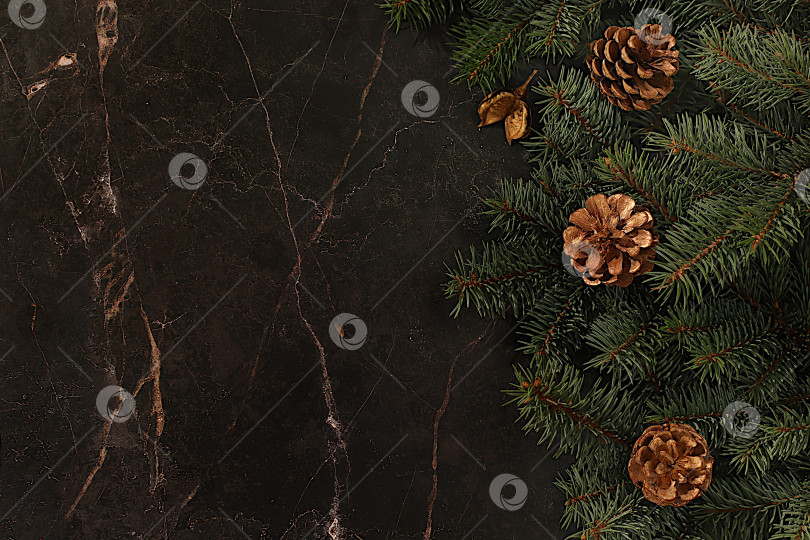 Скачать Праздничная зимняя поздравительная открытка и баннер на экране, красивый рождественский и новогодний фон с сосновыми шишками и живыми еловыми ветками, дизайн продукта для праздничной рекламы, концепция Сочельника, фотосток Ozero