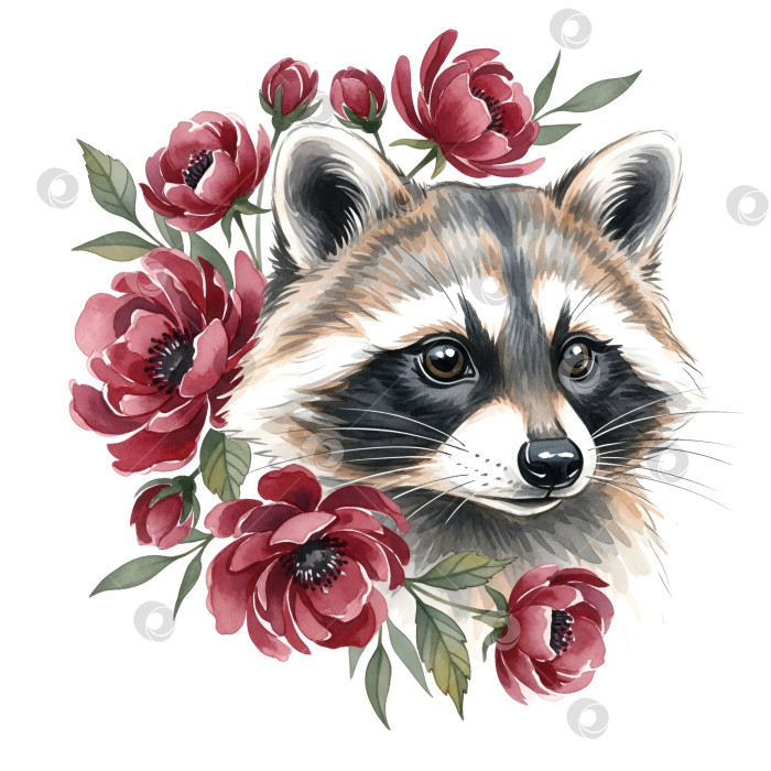 Скачать Портрет енота в бордовых цветах. Акварельная иллюстрация. фотосток Ozero