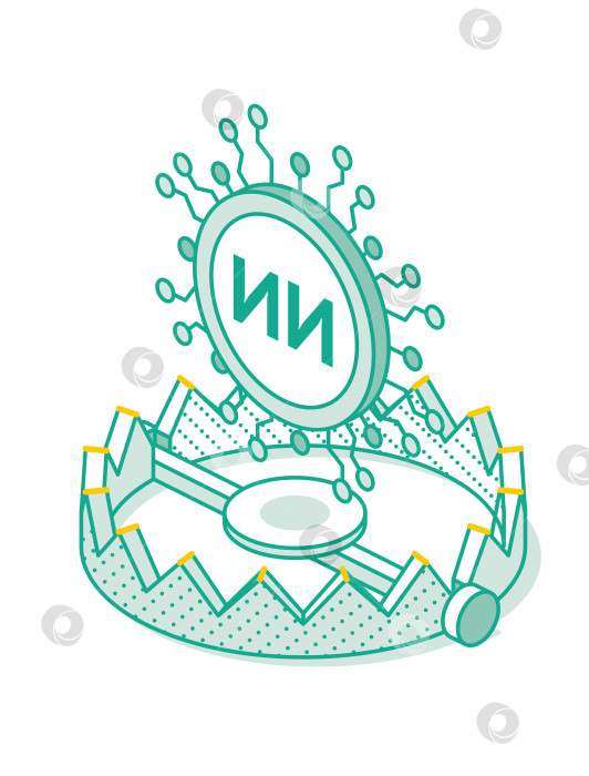 Скачать Концепция ловушки использования искусственного интеллекта. Изометрическая иллюстрация ИИ, попавшего в капкан. фотосток Ozero