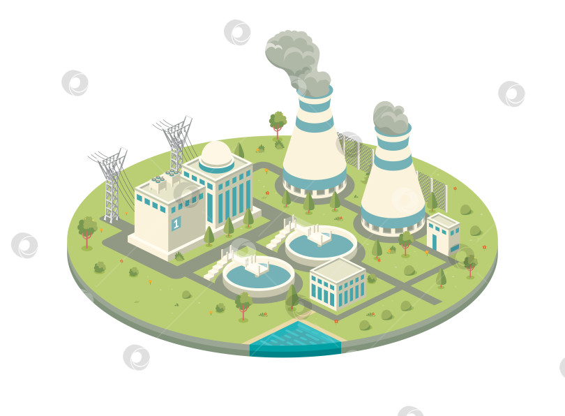 Скачать Изометрическая атомная электростанция со зданием реактора, градирнями, испускающими пар, линиями электропередач, бассейнами для очистки воды и прилегающей ландшафтной территорией. Иллюстрация. фотосток Ozero