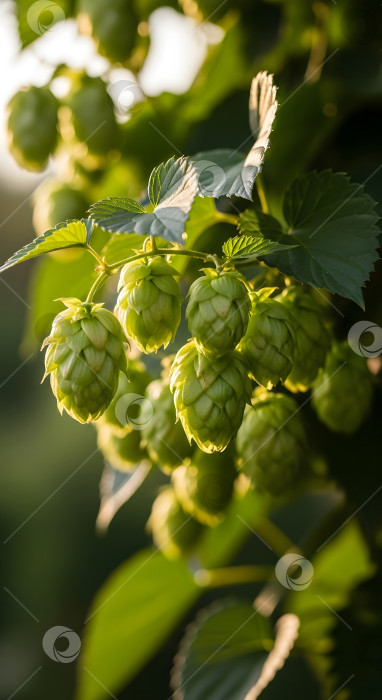 Скачать Шишки с сочным зеленым хмелем для варки пива, представленные в вертикальном виде, идеально подходят для рекламных акций пивных брендов, празднования урожая, Октоберфеста и Дня пива, оставляя достаточно места для вашего сообщения. фотосток Ozero