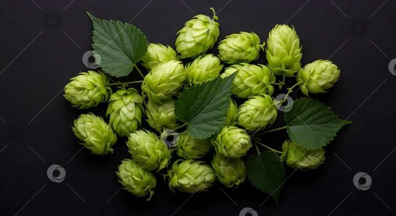 Скачать Зеленый хмель, шишки для варки пива на сером фоне. Квадратный шаблон для рекламы пивного бренда, сбора урожая и празднования Октябрьского фестиваля и дня пива фотосток Ozero
