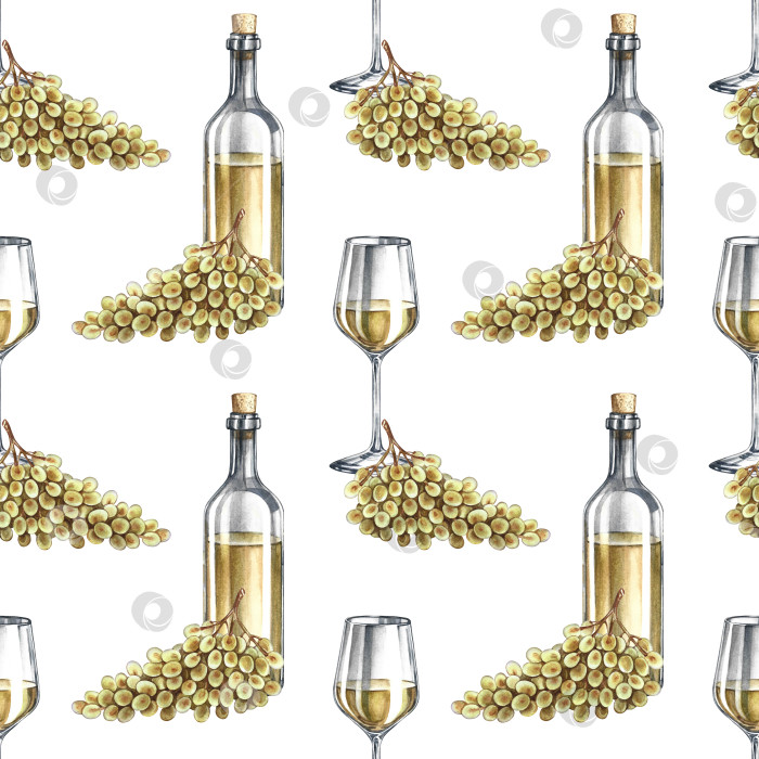 Скачать Бесшовный винный узор. Бутылка белого вина, бокал и гроздь винограда. Ручная акварельная иллюстрация. Для упаковки и этикеток. Для текстиля и обоев. Для меню ресторанов и баров. фотосток Ozero