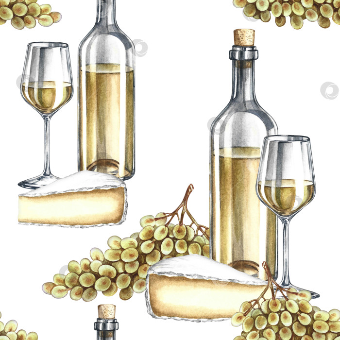 Скачать Бесшовный винный узор. Бутылка белого вина, бокал, гроздь винограда и сыр. Ручная акварельная иллюстрация. Для упаковки и этикеток, текстиля и обоев, меню ресторанов и баров. фотосток Ozero