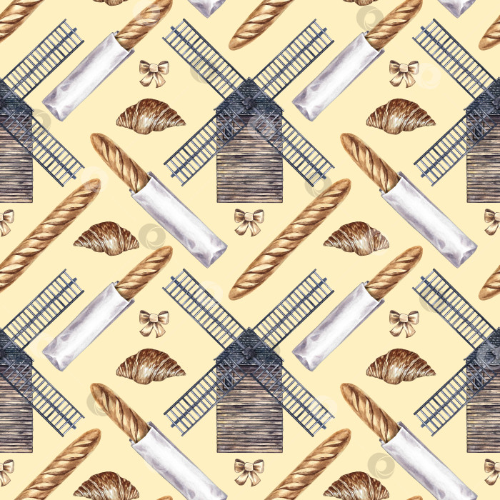 Скачать Бесшовный узор на французской выпечке. Французский багет и круассан "ветряная мельница". Ручная акварельная иллюстрация. Элементы французской кухни. Для меню, этикеток и упаковки, текстиля и декора. фотосток Ozero