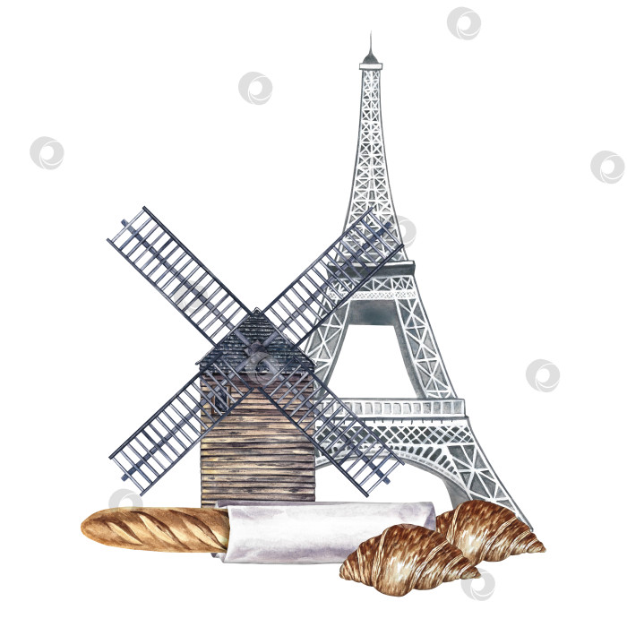 Скачать Набор французской выпечки. Французский багет и круассан, Эйфелева башня и Мулен де ла Галетт. Акварельные иллюстрации ручной работы. Для меню, этикеток и упаковки, баннеров и декора. фотосток Ozero
