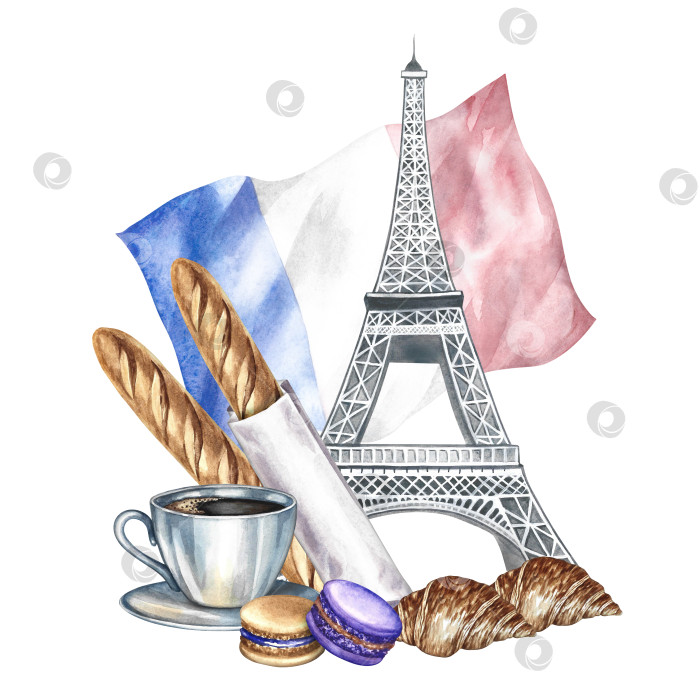 Скачать Французская выпечка. Ручная акварельная иллюстрация. Французский багет, миндальное печенье, круассан, чашка кофе и Эйфелева башня на фоне французского флага. Для меню, этикеток, упаковки. фотосток Ozero