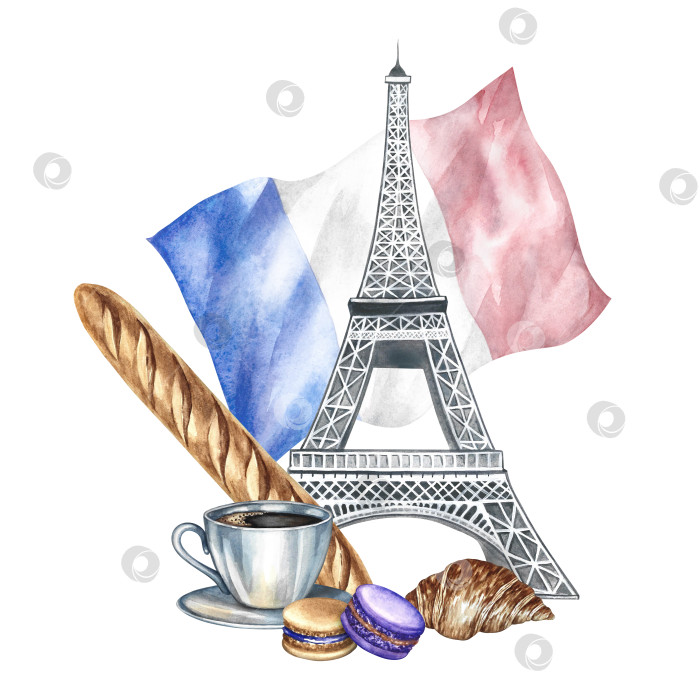 Скачать Французская выпечка. Ручная акварельная иллюстрация. Французский багет, миндальное печенье, круассан, чашка кофе и Эйфелева башня на фоне французского флага. Для меню, этикеток, упаковки. фотосток Ozero