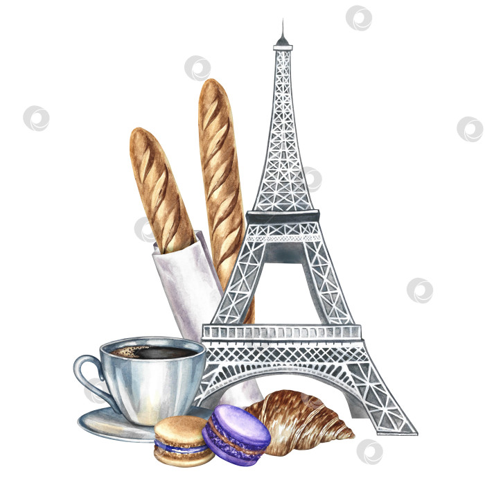 Скачать Французская выпечка. Ручная акварельная иллюстрация. Французский багет, миндальное печенье, круассан, чашка кофе и Эйфелева башня. Подходит для меню, рецептов, этикеток, упаковки и многого другого. фотосток Ozero
