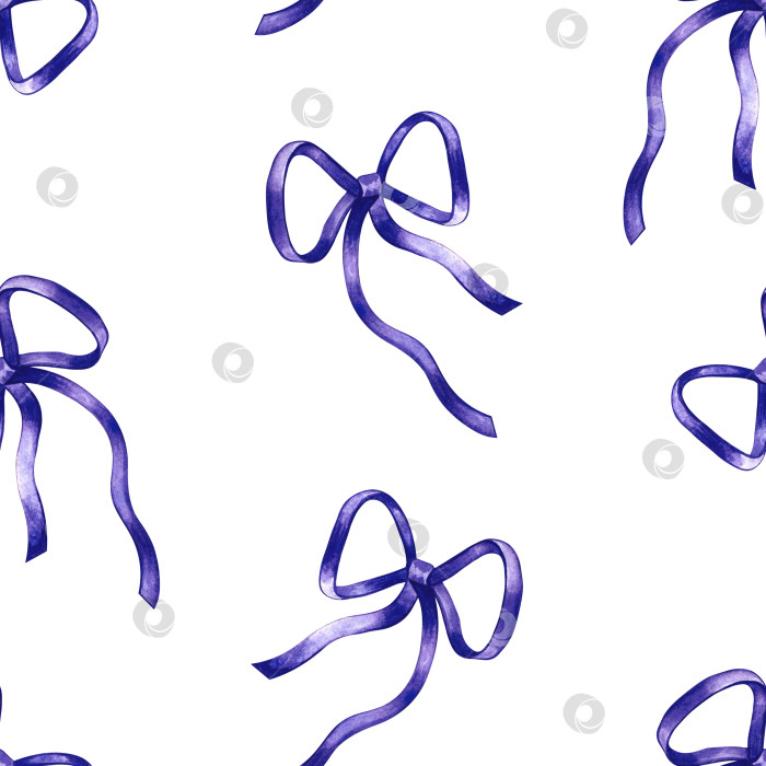 Скачать Бесшовный узор с бантиками из фиолетовой ленты. Ручная акварельная иллюстрация. Элемент дизайна поздравительных открыток и приглашений. Подходит для декора, текстиля и оберточной бумаги. фотосток Ozero