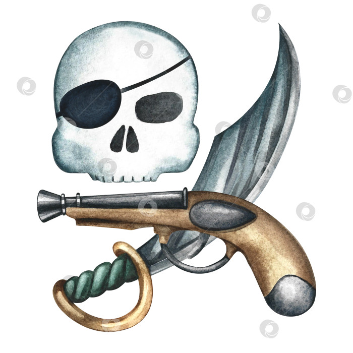 Скачать Пиратская тематика. Череп с повязкой на глазу, пистолетом и абордажной саблей. Ручная акварельная иллюстрация. Символ опасности и смерти для логотипов, предупреждающих знаков. Для упаковки, этикеток, игр, наклеек и многого другого фотосток Ozero
