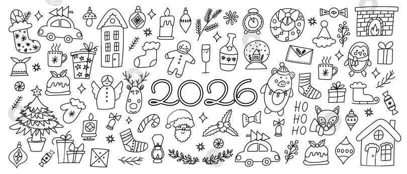 Скачать Набор с милыми каракулями на Рождество и Новый год 2026 фотосток Ozero