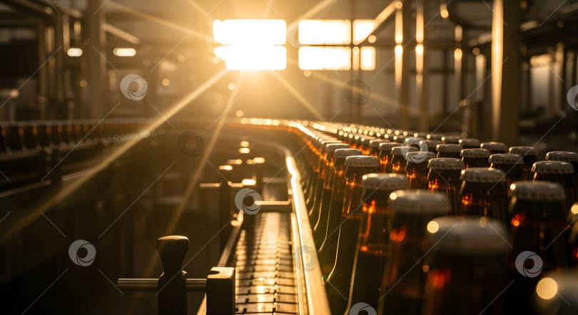 Скачать Ряды пивных бутылок на конвейере в теплом золотистом солнечном свете, фотосток Ozero