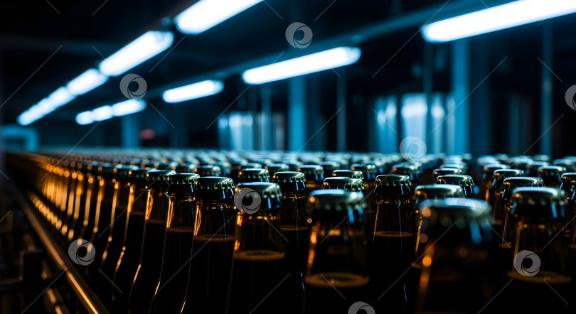 Скачать Ряды пивных бутылок с крышками на конвейере под синим промышленным освещением фотосток Ozero