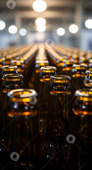 Скачать Ряд пивных бутылок с крышками на конвейере в пивоварне с теплым освещением, фотосток Ozero