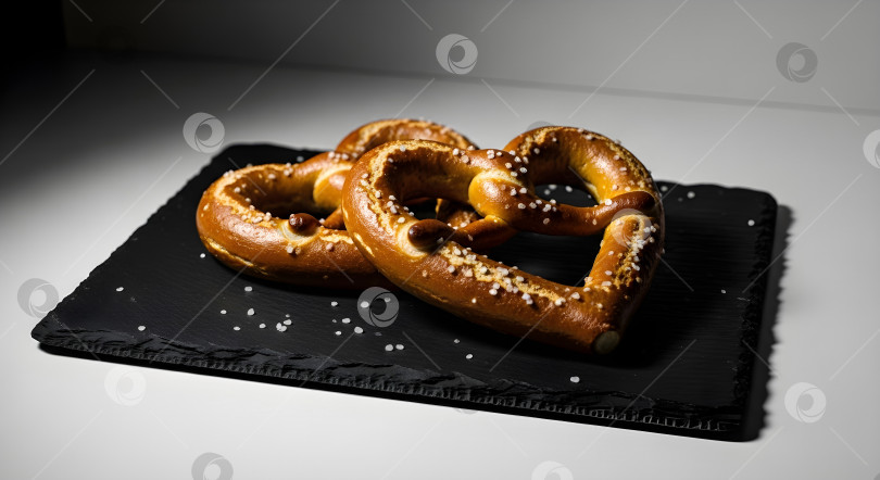Скачать Соленые крендельки на черной грифельной тарелке с рассыпанными кристаллами соли фотосток Ozero