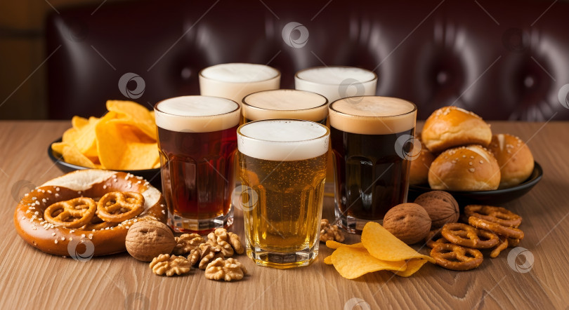Скачать Набор различных сортов крафтового пива в бокалах с различными закусками на деревянной доске в баре фотосток Ozero