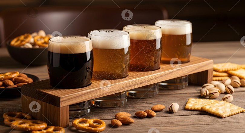 Скачать Набор различных сортов крафтового пива в бокалах с различными закусками на деревянной доске в баре. фотосток Ozero